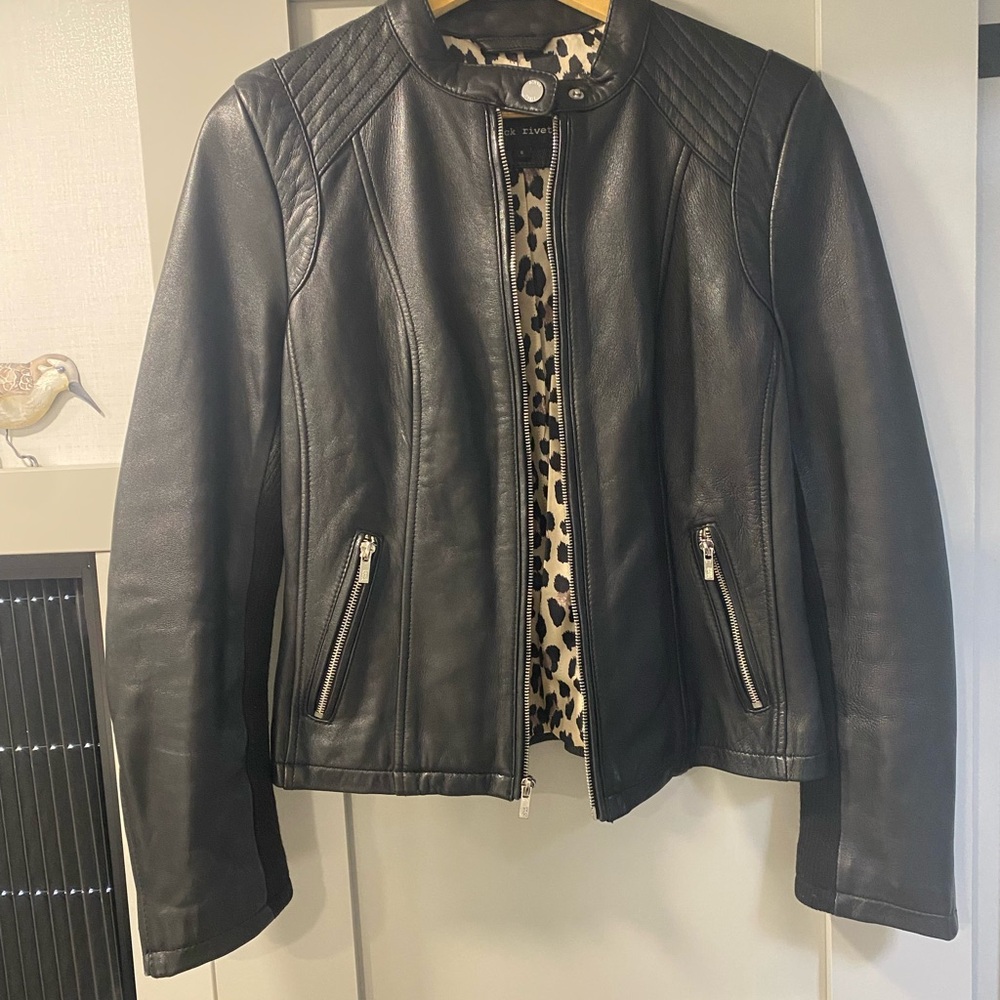 Black Rivet Genuine Leather Moto Jacket with Leopard Print Lining